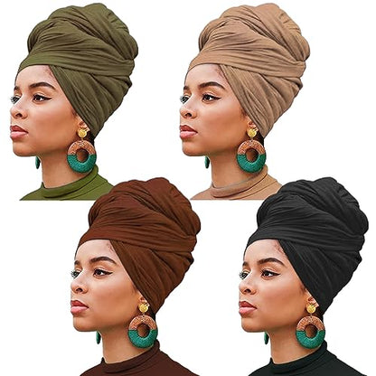 4 Pieces Stretch Head Wrap Jersey Turban Fashion Headband Solid Color Long Hair Scarf African headwraps Bohemian Soft Breathable Turbans for Women (Black, Coffee, Army Green, Camel) - color: Black, Coffee, Army Green, Camel