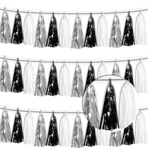 3P Black Silver white Tassel Banner Garland Metallic Foil Fringe Banner Tinsel Tassels Streamer Banner Backdrop for Parade Floats, Graduation Decorations, Halloween, Christmas Decorations - color: Black Silver White