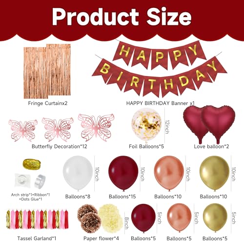 Burgundy Balloons Birthday Decorations, Happy Birthday Banner, Tassel, Heart Foil Balloons, Butterfly, Paper Flower and Fringe Curtains for Happy Birthday Decorations for Women Adults - style: Burgundy