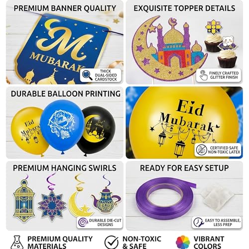Eid Mubarak Decorations Set 72 PCS - Blue & Gold Ramadan Decorations for Home with Eid Mubarak Banner, 18 Latex Balloons, Cake Toppers & Hanging Swirls - Complete Eid Al-Fitr Party Supplies Kit