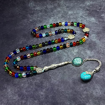 Special for Women Muslim Prayer Beads, Tesbih-Tasbih-Tasbeeh-Misbaha-Masbaha-Subha-Sebha-Sibha-Worry Beads (Multicolor Crystal - 6x8 mm 99 Beads & Allah Tassel)