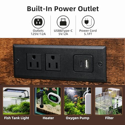 40 Gallon Tank Stand with Power Outlets - Heavy Duty Metal Fish Tank Stands for Turtle Reptile Terrarium, 2-Tier Aquarium Stand with Adjustable Wood Storage Shelf, 660LBS Capacity (Rustic Brown, 36.6"x18.5"x29") - color: Rustic Brown-with Power Outlets, s