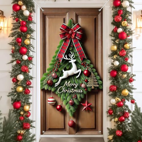 IVN Triangle Green Ring Ribbon Stars Winter Deer Door Cover Decoration 71 x 35 in Holiday Banner Clear Greeting Front Entry Photo Backdrop Indoor Outdoor for Front Door Party Decorations - color: Reindeer Triangle