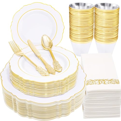 WDF Partyware 350 Pieces Gold Disposable Plates for 50 Guests, Plastic Plates for Party, Dinnerware Set of 50 Dinner Plates, 50 Salad Plate, 50 Spoons, 50 Forks, 50 Knives, 50 Cups for Wedding/Party - color: Gold Modern, size: 350