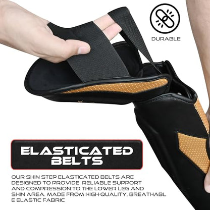 BEAST RAGE MMA Martial Arts Shin Guards for Kickboxing Adjustable Muay Thai, Padded Martial Arts Shin Pads Leg Guard with Instep Sleeves MMA Training BJJ Karate Boxing Taekwondo - color: GOLDEN, size: X-Large