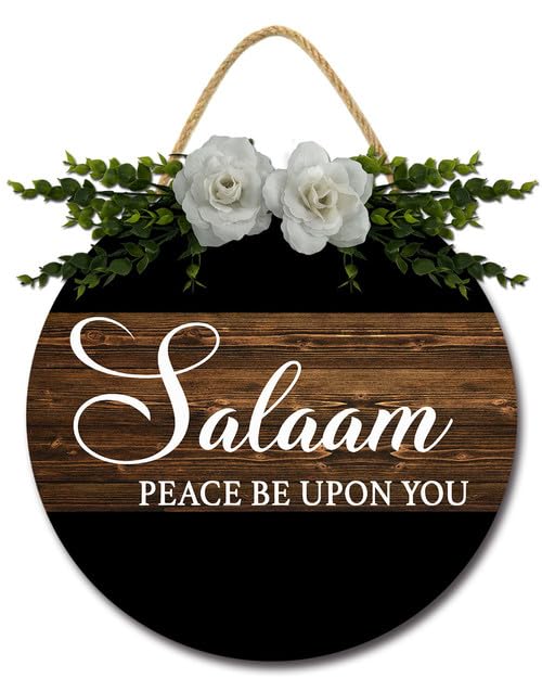 Welcome Sign for Front Door Salaam Peace Be Upon You Door Hanger 11inch Islam Muslim Sig Round Wood Wreaths Farmhouse Wood Hanger for Home Decor Indoor Outdoor All Seasons - color: LW2, size: 11x11inch