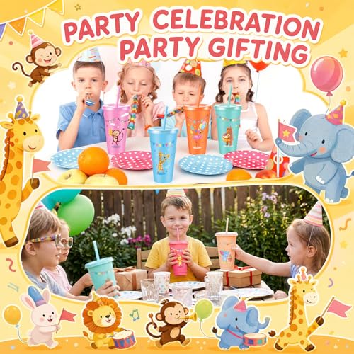 Chuangdi 12 Pcs Animal Parade Themed Party Supplies, 24 oz Cups with Lid and Straw, Reusable Jungle Safari Animals Tumbler for Animal Parade Themed Birthday Decorations, Zoo Baby Shower Favors - style: Animal Parade Party