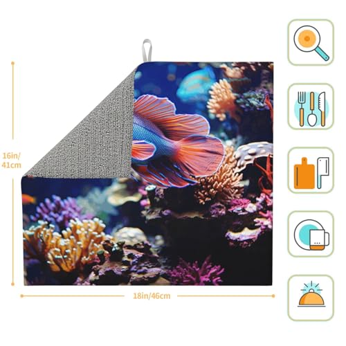 Coral Reef Fish Aquarium Dish Drying Mat for Kitchen Counter 18"x16" Super Absorbent Microfiber Dish Drying Pad Non-slip Drainer Mats Extra Large Dish Rack Pad Kitchen Drying Mat