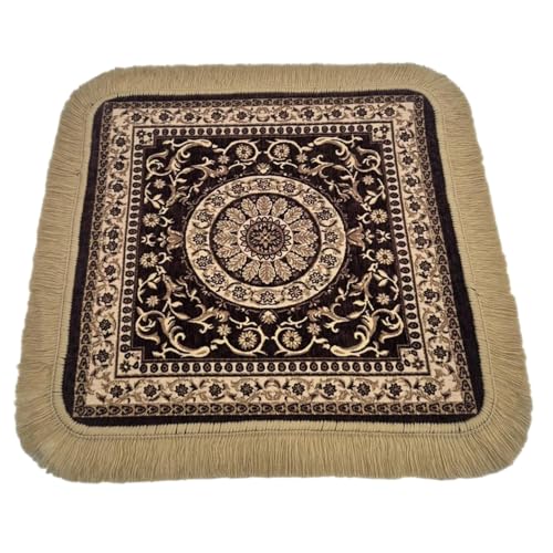 Soft Chenille Prayer Mat | Traditional Mandala Floral Pooja Aasan with Golden Fringes | Multipurpose Square Rug for Meditation, Yoga, Puja Room & Home (Brown, 1.5x1.5 Feet) - color: Brown, size: 1.5x1.5 Feet