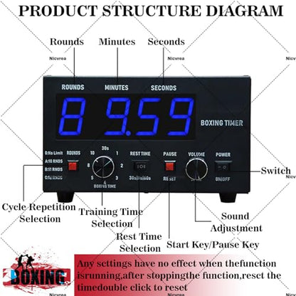 Boxing Timer, LED Gym Timer with Full Button Operation, Adjustable Buzzer and Stopwatch, Selectable Training Time and Cycle Repetitions for Muay Thai and Kickboxing Red - color: Red