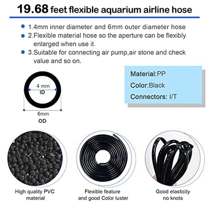 NestBasics 19.68 feet Black Aquarium Airline tubing 6 air Stone for Aquarium 6 Aquarium Check Value for Fish Tank 6 Aquarium Suction Cups 3 Each Aquarium air Controller and I T Hose connectors - size: 19.68 feet aquarium tubing with 28 kits