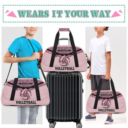 Personalized Volleyball Bag Teens, Custom Gym Bag Name Overnight Duffel Bag for Practice Sports Bag, Light Pink Glittering - color: Dark Pink