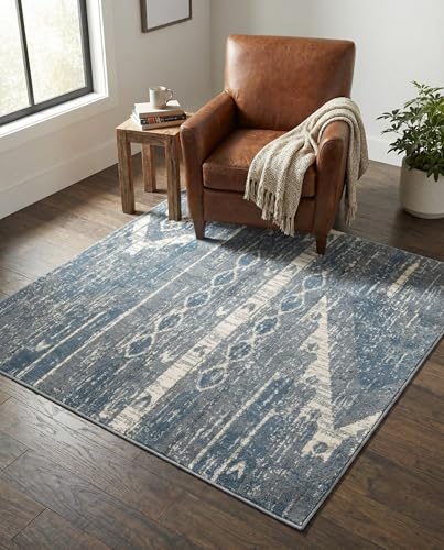 Rugs.com - Oregon Collection Rug – 4 Ft Square Blue Gray Easy-Clean Rug – Tribal Design for Entryways, Bedrooms, and Home Offices - color: Blue Gray, size: 4' x 4' (Square)