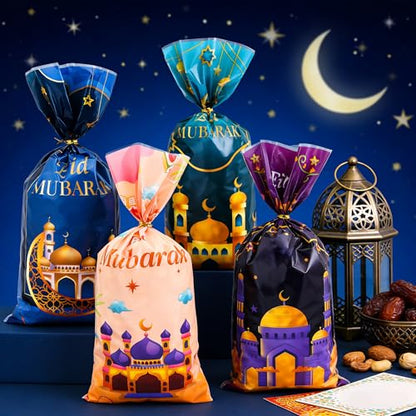 Eid Mubarak Gift Bags, Eid Goodie Bags, Ramadan Goodie Bags, Eid Mubarak Plastic Cellophane Treat Bags Candy Cookie Snack Goody Bag with Ties for Islamic Muslim Eid Mubarak Party Favor Supplies, 50Pcs