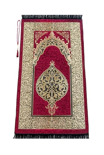 ihvan online Muslim Prayer Rug with 99 Beads Tasbih, Soft Chenille Sajadah, Lightweight & Foldable Janamaz, Portable Travel Prayer Mat, Islamic Gift for Eid, Ramadan, Hajj & Umrah, Brick - color: Brick