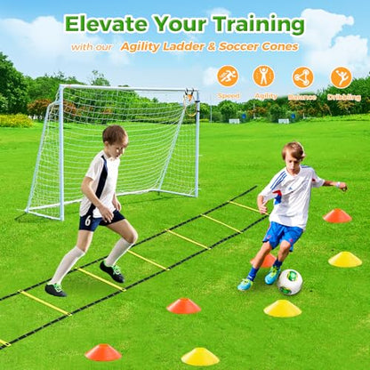 Soccer Goal 12x6,10x6.5, 8x6, 6x4FT Soccer Goals for Backyard Metal Soccer Goals for Kids Youth Adults Large Outdoor 2" Steel Soccer Goal Post Frame with Soccer Net Target Net Portable Agility Ladder - style: 8×6 FT