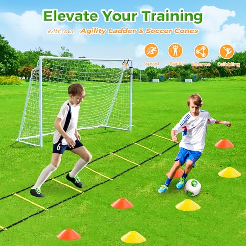 Soccer Goal 12x6,10x6.5, 8x6, 6x4FT Soccer Goals for Backyard Metal Soccer Goals for Kids Youth Adults Large Outdoor 2" Steel Soccer Goal Post Frame with Soccer Net Target Net Portable Agility Ladder - style: 6×4 FT