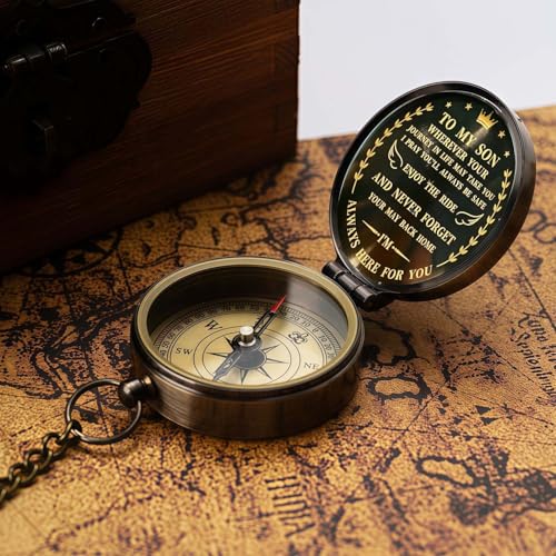 God's Guide & Blessing Compass, Trust in The Lord Compass, Wood Box Greeting, Inspirational Gift Men, Christian Boys Baptism Gifts, Graduation Day with Wooden Box - color: 5.Bronze To My Son Gift Wing Wooden Box