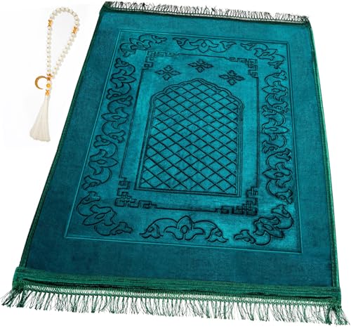 Muslim Prayer Rug with Tasbih Prayer Beads, Soft Large Prayer Matt Islam, Padded Islamic Prayer Mat Thick for Men and Women, Janamaz, Sajadah (Green) - color: Green
