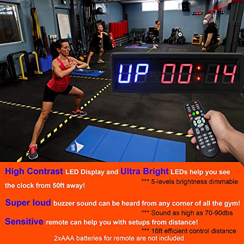 Large Workout Clock for Home Gym, 15" Wall Mount Gym Timer Clock with Remote, (2.3-inch Digits, Blue+Red)
