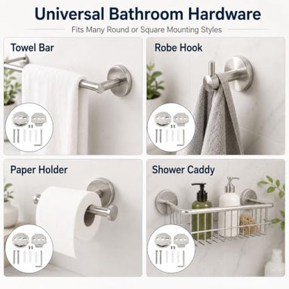 Towel Bar Mounting Hardware Universal Stainless Steel Bracket 1 Set | 2 Round and 2 Square Bases, Stainless Steel Construction, Screws with M3 Wrench, for Common Bathroom Fixtures