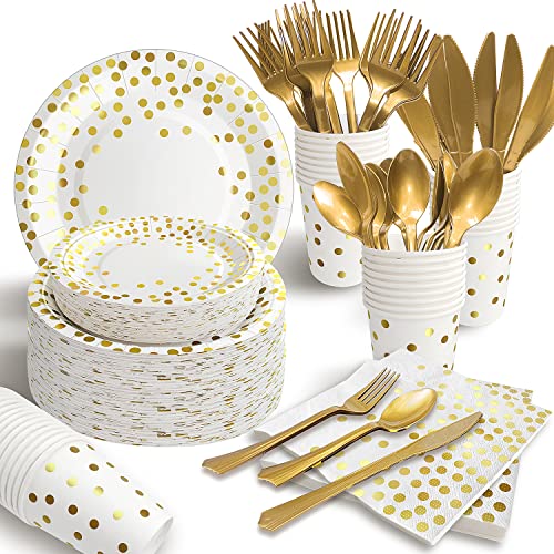 AIRE White Gold Dot Paper Plates Set, 350PCS Disposable Dinnerwarefor 50 - color: 350PCS White and Gold