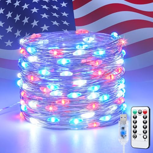 JMEXSUSS 100 LED Red White and Blue Fairy Lights for 4th of July Decor - color: Red Blue and White, size: 100 LED