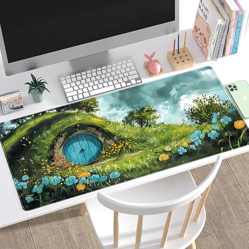 Cute Landscape Cartoons Desk Mat Aesthetic Gaming Mouse Pad XXL Large Extended Green Sage Desk Pad, Laptop Keyboard and Mouse Mat, Computer Desktop Mat Playmat, Women Desk Decor Pad 31.5x15.7 in - color: Green Landscape Cartoons