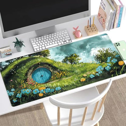 Cute Landscape Cartoons Desk Mat Aesthetic Gaming Mouse Pad XXL Large Extended Green Sage Desk Pad, Laptop Keyboard and Mouse Mat, Computer Desktop Mat Playmat, Women Desk Decor Pad 31.5x15.7 in - color: Green Landscape Cartoons