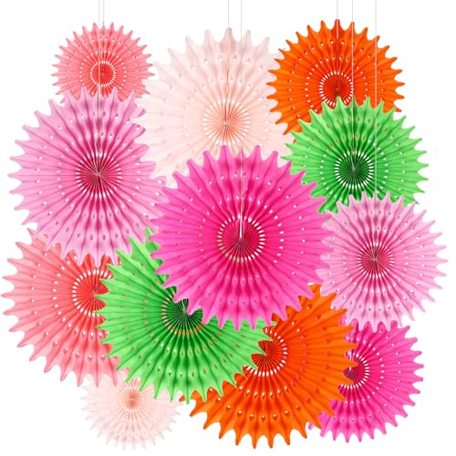 BestoFun 12 PCS Paper Fans Red Green Pink Party Decorations Tissue Paper Flowers Decorations for Girl Groovy Birthday Baby Shower Wedding Bachelorette Room Wall Hanging Décor - color: Red Green Pink