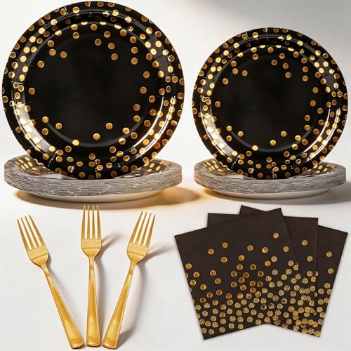 100pcs Black and Gold Plates and Napkins Halloween Party supplies - color: Black/Gold