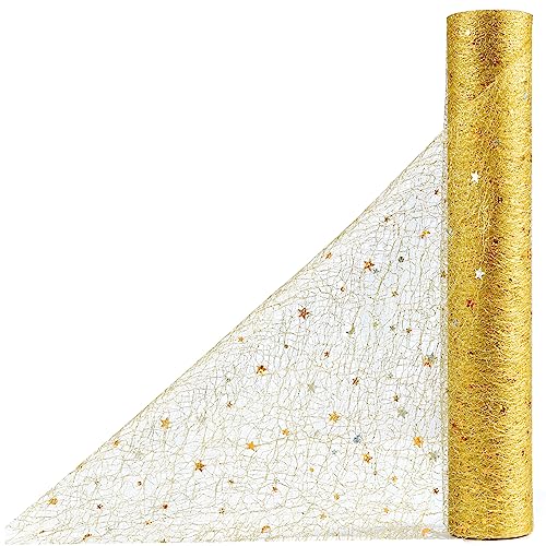 OSVINO Starry Moon Table Runner Gold Glitter, 11Inch x 33Feet Shimmer Metallic Sequin Mesh with Stars & Moons for Wedding Valentine's Day Table Decor, Bridal Baby Shower Birthday Party, Gold