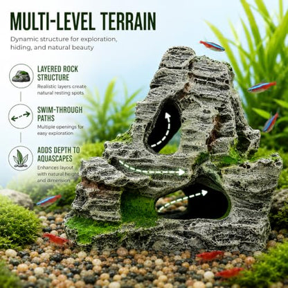 Resin Aquarium Mountain Decor with Moss Rock Cave - Multi-Level Terrain for Fish Tank Landscaping, Natural-Looking Rockery Design with Hidden Cave and Crevices for Shrimp, Reptile Habitat Aquascaping