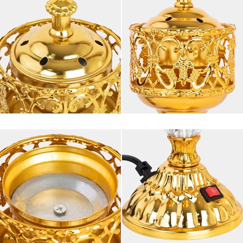 Golden Electric Incense Burner, Arabian Style Electric Incense Holder with US Plug, Middle Eastern Tabletop Decorative Censer for Yoga Spa Home Office Christian Church Decor