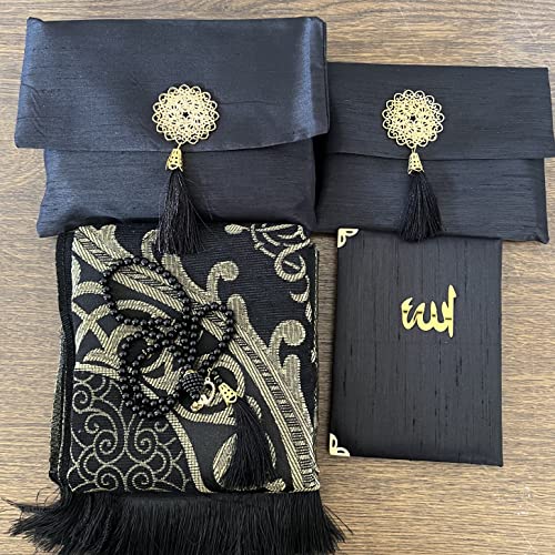 Muslim Prayer Rug, Bag&Yaseen Surah Pocket-Size Book, Bag&Prayer Beads Set I Perfect Islamic Gift I Prayer Rug Travel I Muslim for Men&Women I Soft Islamic Mat | Luxury Islamic Gifts (1 Set, Black) - color: Black, size: 1 Set