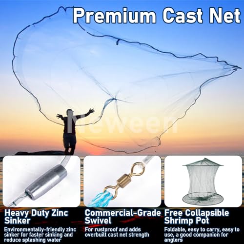 Neween Cast Net for Fishing with Shrimp Cage, American Freshwater Saltwater 3/4/5/6/7/8/9/10Ft Radius Casting Net Bait Trap Fish, Heavy Duty Zinc Sinker, 3/8 Inch Mesh Size - style: 4ft (120cm) Radius