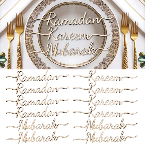 AOCEAN 12 Pcs Mubarak Kareem Wood Sign Ramadan Decorations for Table 2026 Ramadan Plate Setting Islamic Table Decor for Muslim Kitchen Home Tabletop Ornaments (Kareem Mubarak) - color: Kareem Mubarak