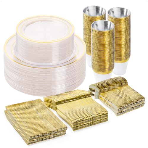 BESTVIP 300PCS Plastic Dinnerware Set, Clear Gold Disposable Plates - color: Clear Gold, size: 50 Guests