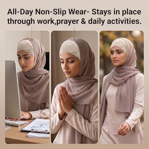 ZLYC Hijab Cap for Muslim Women Soft Stretchy Open-Back Underscarf Hat Breathable Inner Hijab Undercap - color: Lace Beige