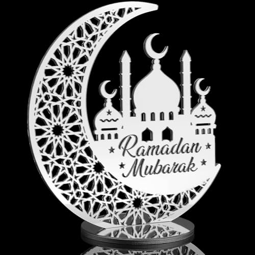 DoubleFill Ramadan Decorations Acrylic Ramadan Mubarak Centerpiece Islamic Mosque Muslim Table Sign EID Islamic Home Decor Crescent Moon Mosque Muslim Decor for Eid Mubarak Tabletop, 10in (Silver) - color: Silver