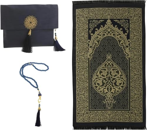Premium Area Rug for Islamic Prayers - Muslim Prayer Mat and Rug for Men with Arabic Gifts - Traditional Islamic Prayer Rug Islam - سجادة صلاة Included - color: Navy Blue