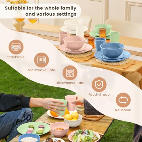 Homienly Premium Dinnerwave Sets, Lightweight & Unbreakable Wheat Straw Dish Set - Plates and Bowls Set with Cups, 16 PCS Microwave and Dishwasher Safe Dinnerware Set - Multi Light - color: Multi Light, size: 16 PCS