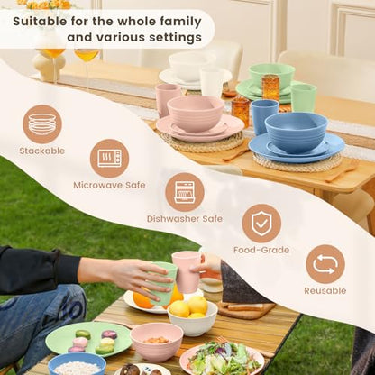 Homienly Premium Dinnerwave Sets, Lightweight & Unbreakable Wheat Straw Dish Set - Plates and Bowls Set with Cups, 16 PCS Microwave and Dishwasher Safe Dinnerware Set - Multi Light - color: Multi Light, size: 16 PCS