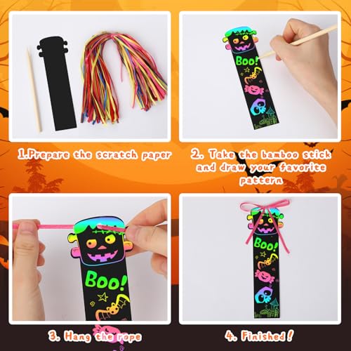 JUNEBRUSHS 30Pcs Halloween Scratch Bookmarks, Rainbow Magic Scratch Paper Art Pumpkin Bat Spider DIY Crafts Kit for School Classroom Activity Halloween Gifts - style: Halloween Style