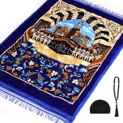 Muslim Prayer Rug with Tasbih Prayer Beads & Kufi Hat, Padded Very Thick Prayer Rug Sajadah for Men and Women (Blue1) - color: Blue1