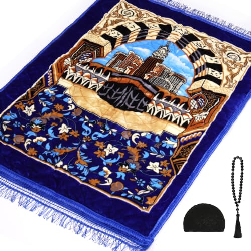 Muslim Prayer Rug with Tasbih Prayer Beads & Kufi Hat, Padded Very Thick Prayer Rug Sajadah for Men and Women (Blue1) - color: Blue1