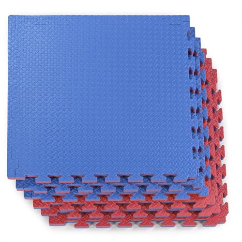 Xspec 1" Extra Thick 48 sq ft Reversible EVA Gym Foam Floor Mat Tiles (24" x 24"), Steel Pattern, 12 pcs, Blue & Red - color: Blue/Red