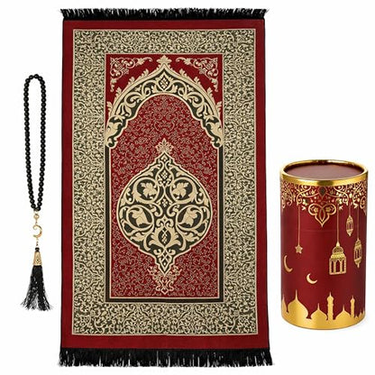 Modefa Islamic Gifts Prayer Mat | Thin Woven Praying Mat Muslim Prayer Rug | Muslim Gifts for Men Ramadan Gifts with Tesbih Prayer Beads | Ottoman Rug with Cylinder Gift Box Set Ramadan (Red) - color: Red