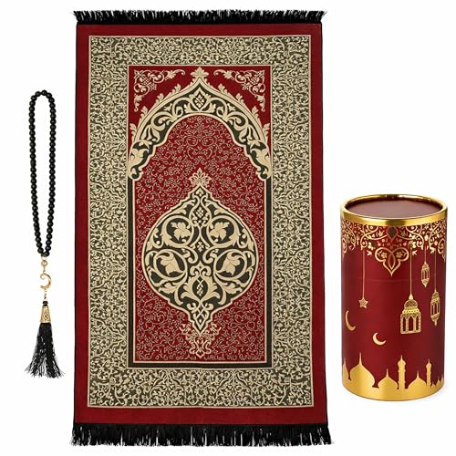 Modefa Islamic Gifts Prayer Mat | Thin Woven Praying Mat Muslim Prayer Rug | Muslim Gifts for Men Ramadan Gifts with Tesbih Prayer Beads | Ottoman Rug with Cylinder Gift Box Set Ramadan (Red) - color: Red