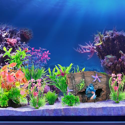 Fish Broken Barrel Decor Fish Tank Decorations Betta Fish Tank Accessories,Starfish Barrel x 1pc, Aquarium Plants x 8pcs - size: 9 Pcs